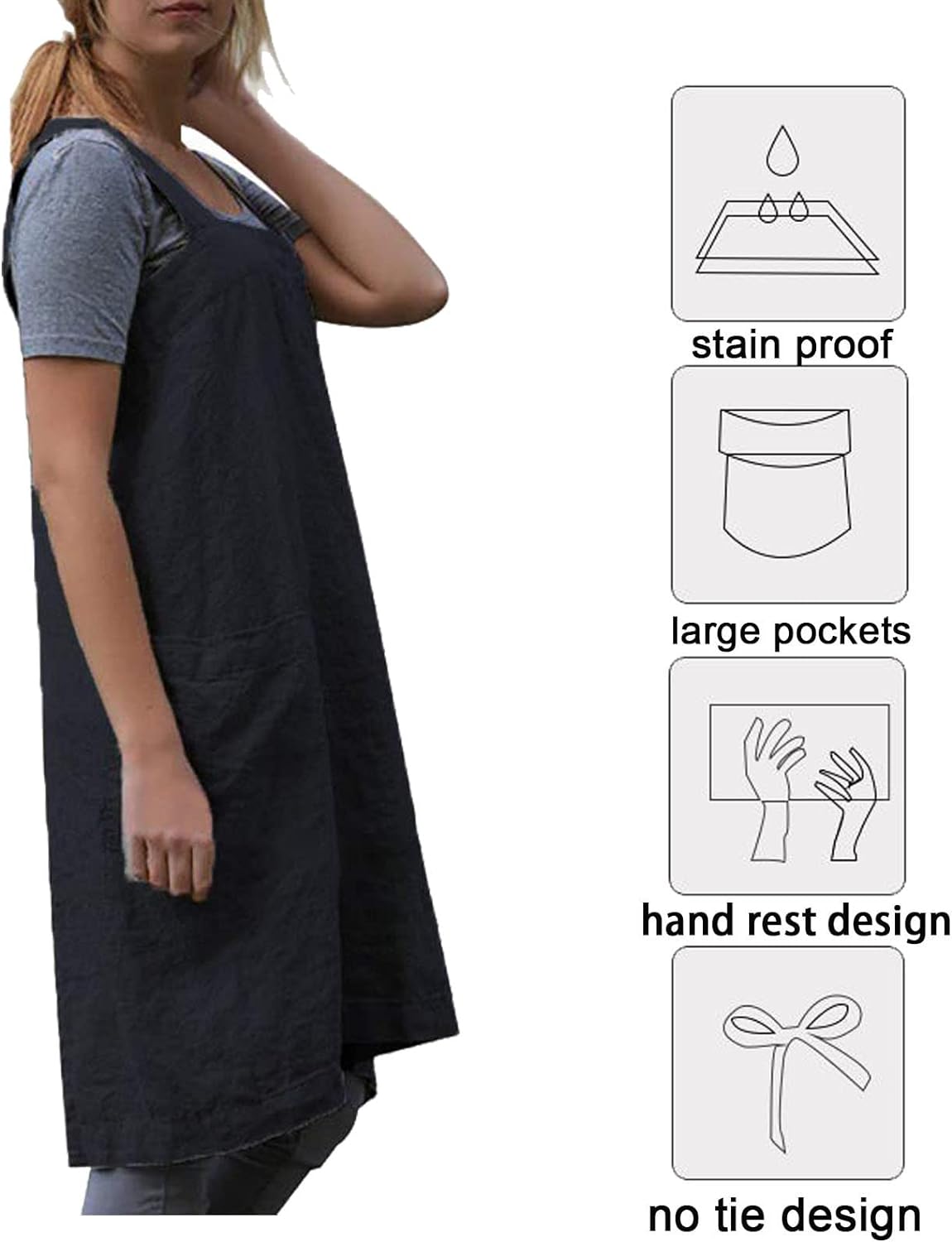 ZQFFB Pinafore Cross Back Apron for Women with Pockets Japanese Smock for Work Gardening Cooking Painting Baking