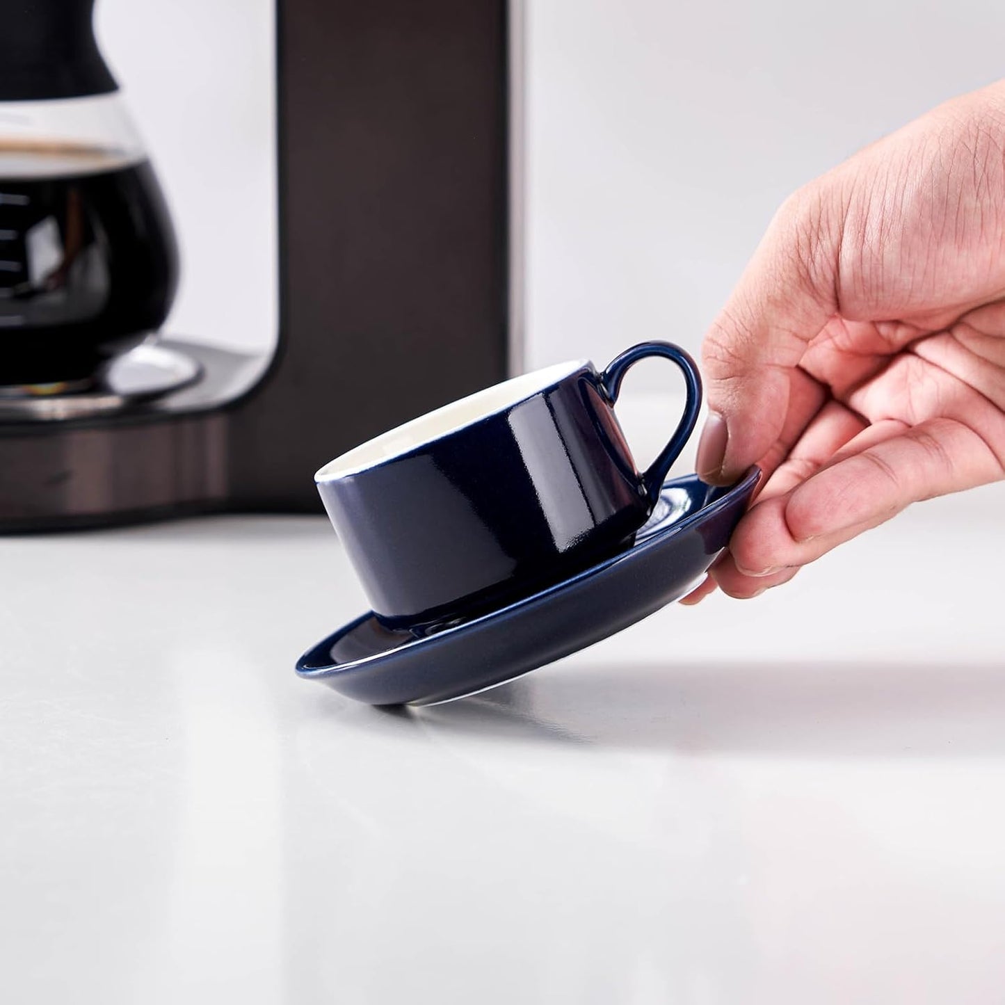 2.5 Ounce Porcelain Espresso Cups with Saucers and Silver Stand, Navy Stackable Cups Set of 4