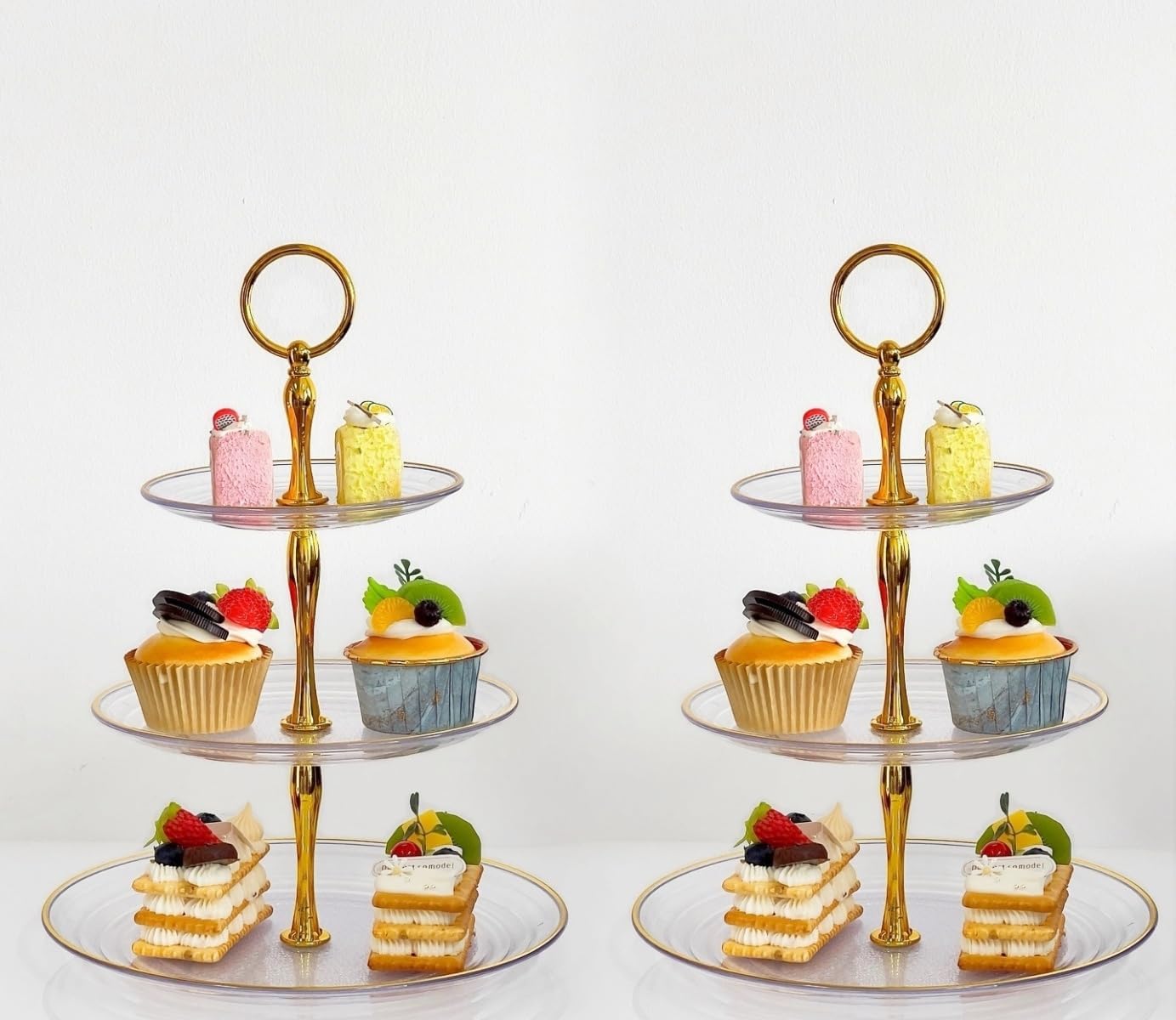 2 Pack of Dessert Cupcake Stand with Gold Trim, 3 Tier Cup Cake Holder Tower for Tea Party, Birthday, Wedding, Plastic Tiered Serving Tray, Clear