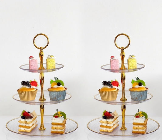 2 Pack of Dessert Cupcake Stand with Gold Trim, 3 Tier Cup Cake Holder Tower for Tea Party, Birthday, Wedding, Plastic Tiered Serving Tray, Clear