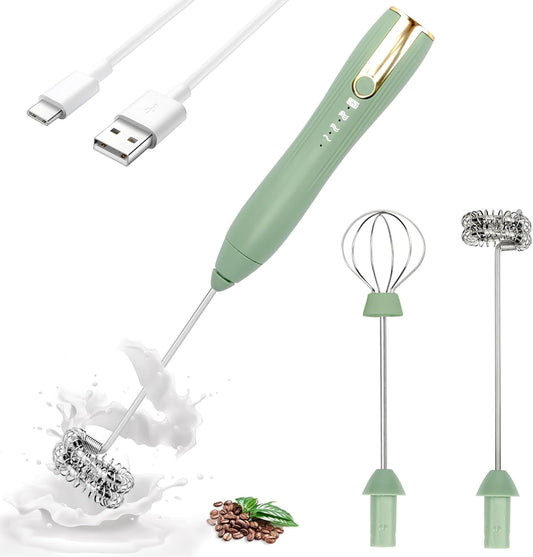 TonJin Frother Wand Rechargeable USB-C Milk Frother Handheld Mixer Electric with 2 Whisk Heads, 3 Speeds Adjustable Coffee Drink Mixer for Lattes, Matcha, Hot Chocolate, Egg, Matcha(Green)