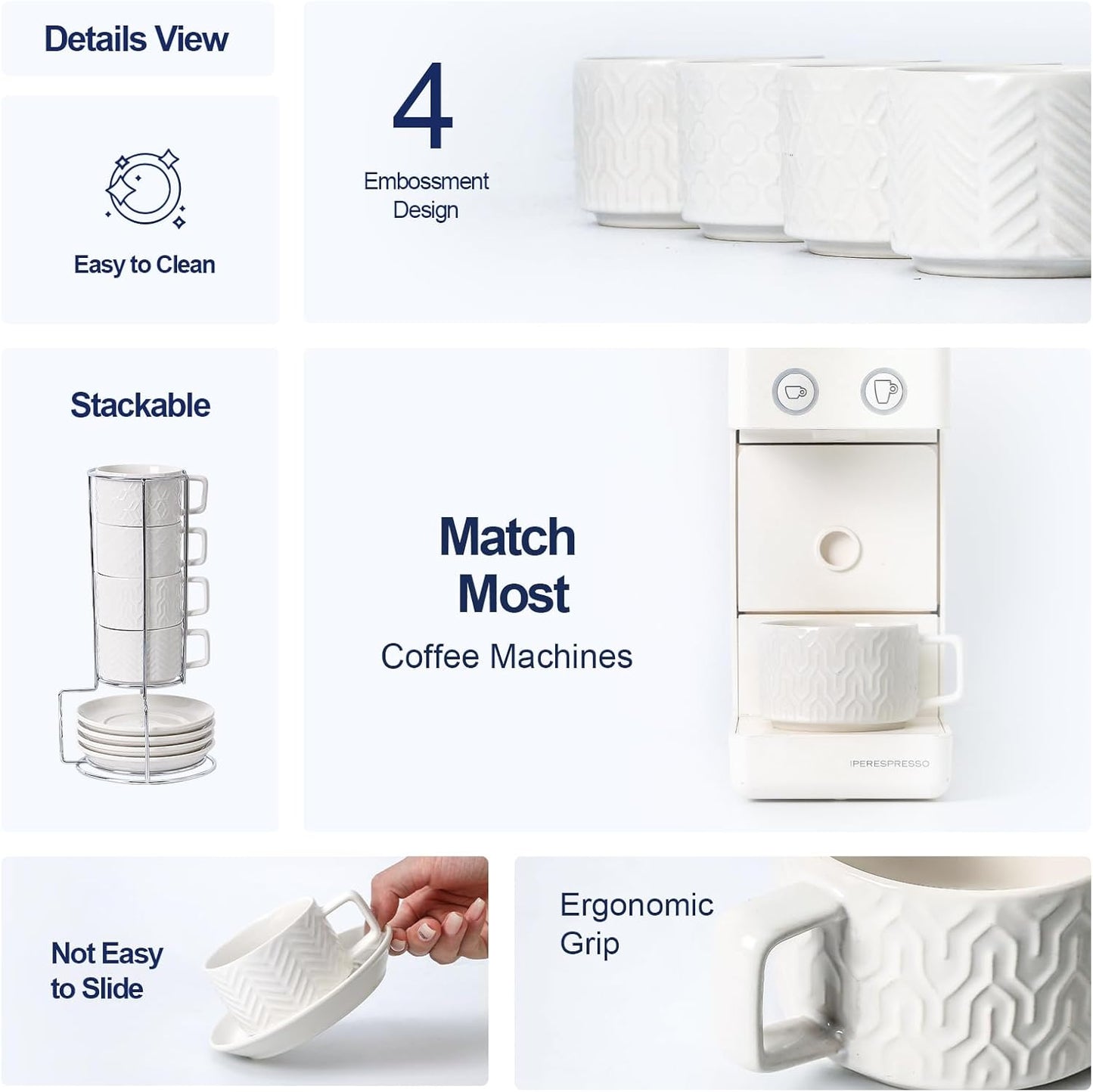 Sureasy Ceramic Espresso Cups Set of 4 – 4 oz White Embossed Cappuccino Cups with Saucers and Metal Stand, Stackable Mugs for Latte, Mocha, Tea, and Specialty Coffee