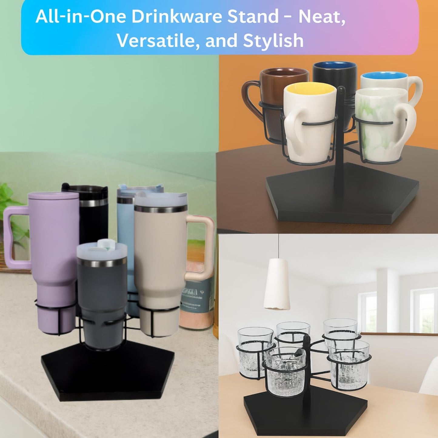 Stanley Cup Holder & Rotating Bottle Organizer – 5-Slot Wood Stand for 20/30/40oz Tumblers, Drinking Glasses, Coffee Mugs, Yeti, Hydro Flask – Countertop & Cabinet Cup Storage Rack