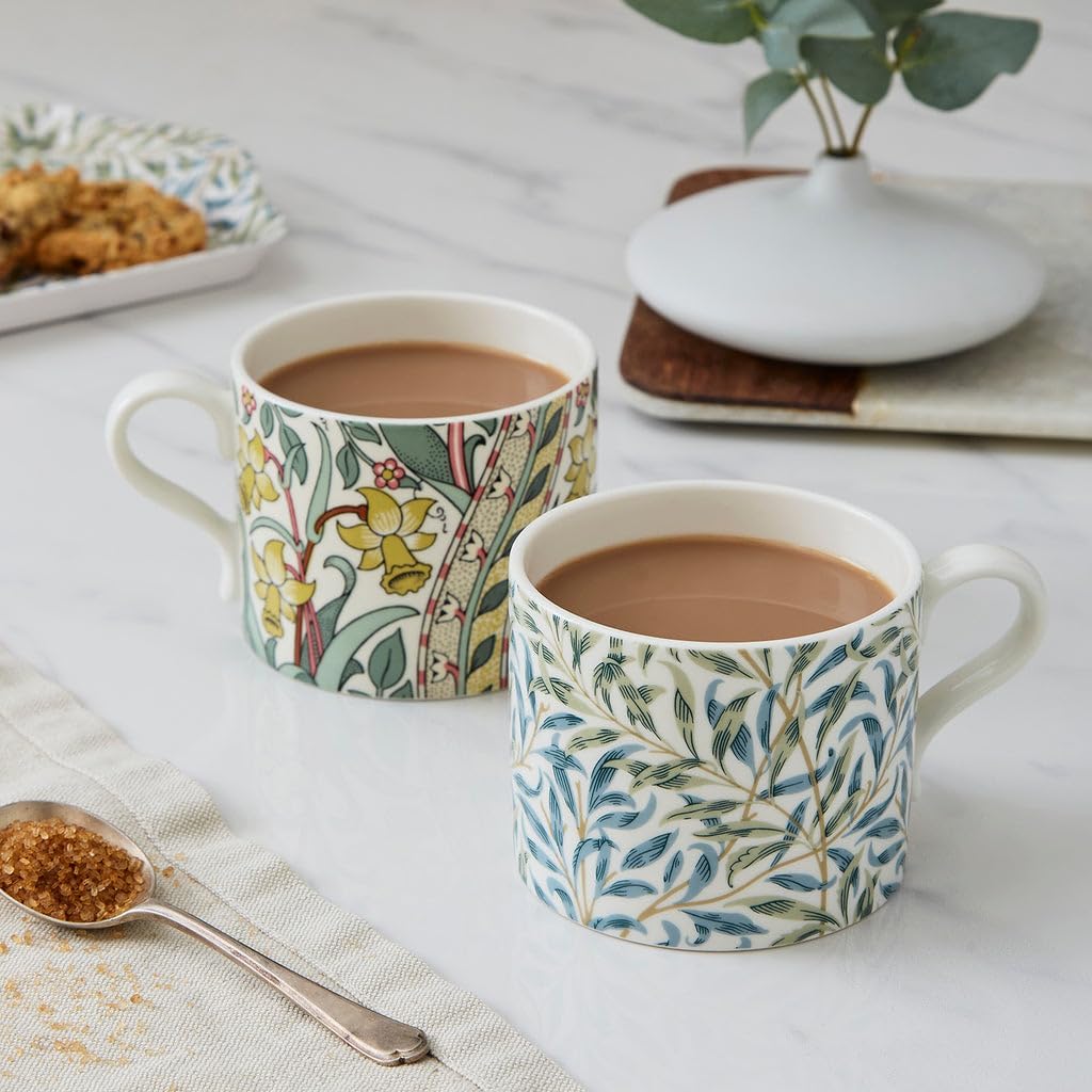 Spode Morris & Co 12oz Mugs, Set of 2 (Daffodil & Willow Bough) - Microwave & Dishwasher Safe, Elegant Porcelain Drinkware for Coffee Bar or Giftable Home Kitchen Mug Set. Ideal for Coffee & Tea