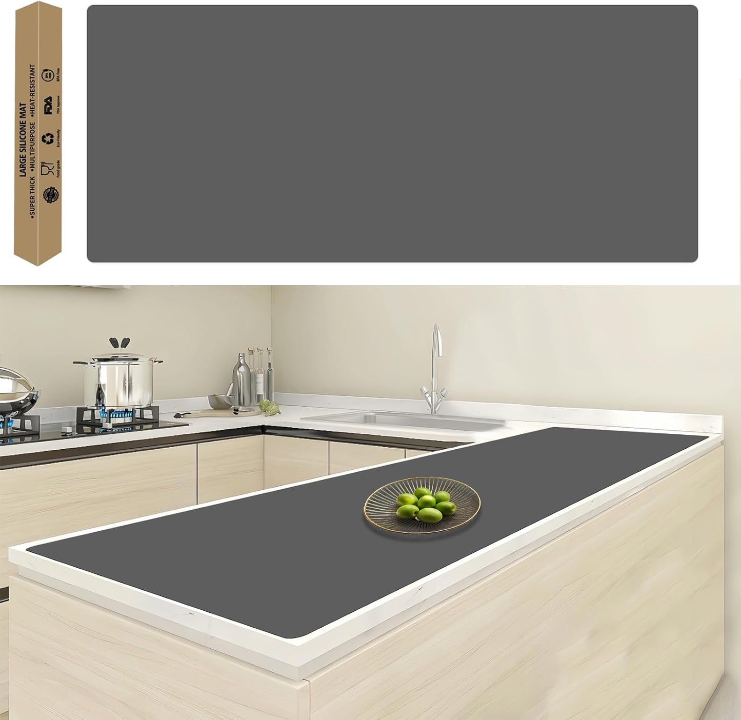 120"x24"(305cmx60cm) Large Silicone Kitchen Counter Mat, Heat Resistant Non-Slip Countertop Protector, Waterproof Multipurpose Mat for Kitchen Island, Dark Gray