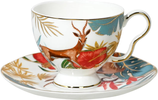 ACMLIFE Tea Cups and Saucers for 1, Bone China Teacup Set for Adults with Gold Trim and Gift Box, Deer Chinese English British Wedding Tea Set for One Coffee Cup Set 6.8 oz (Red-Deer)
