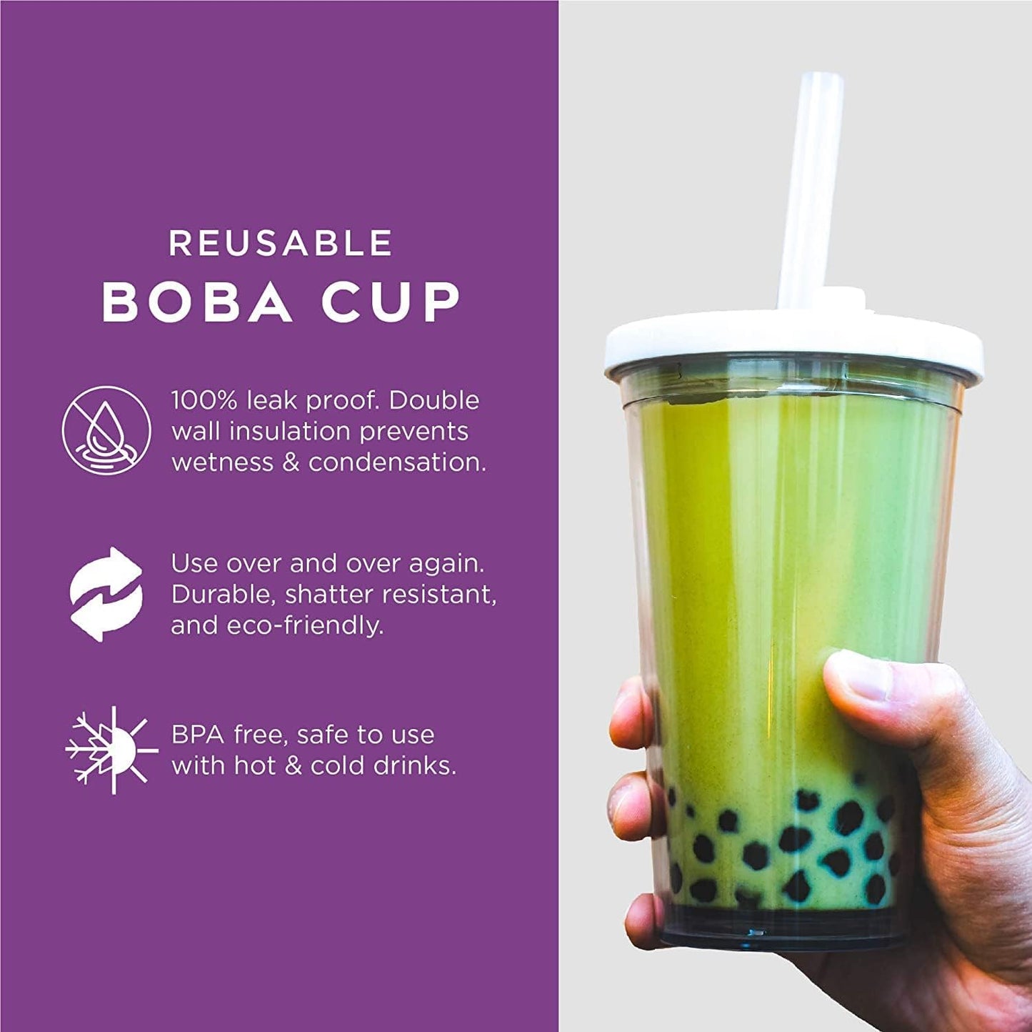 Reusable Boba Cup for Regular Size Bubble Tea (16 Oz), Angled Straws, Leak Proof Design, Double Wall Insulated Bubble Tea Cup