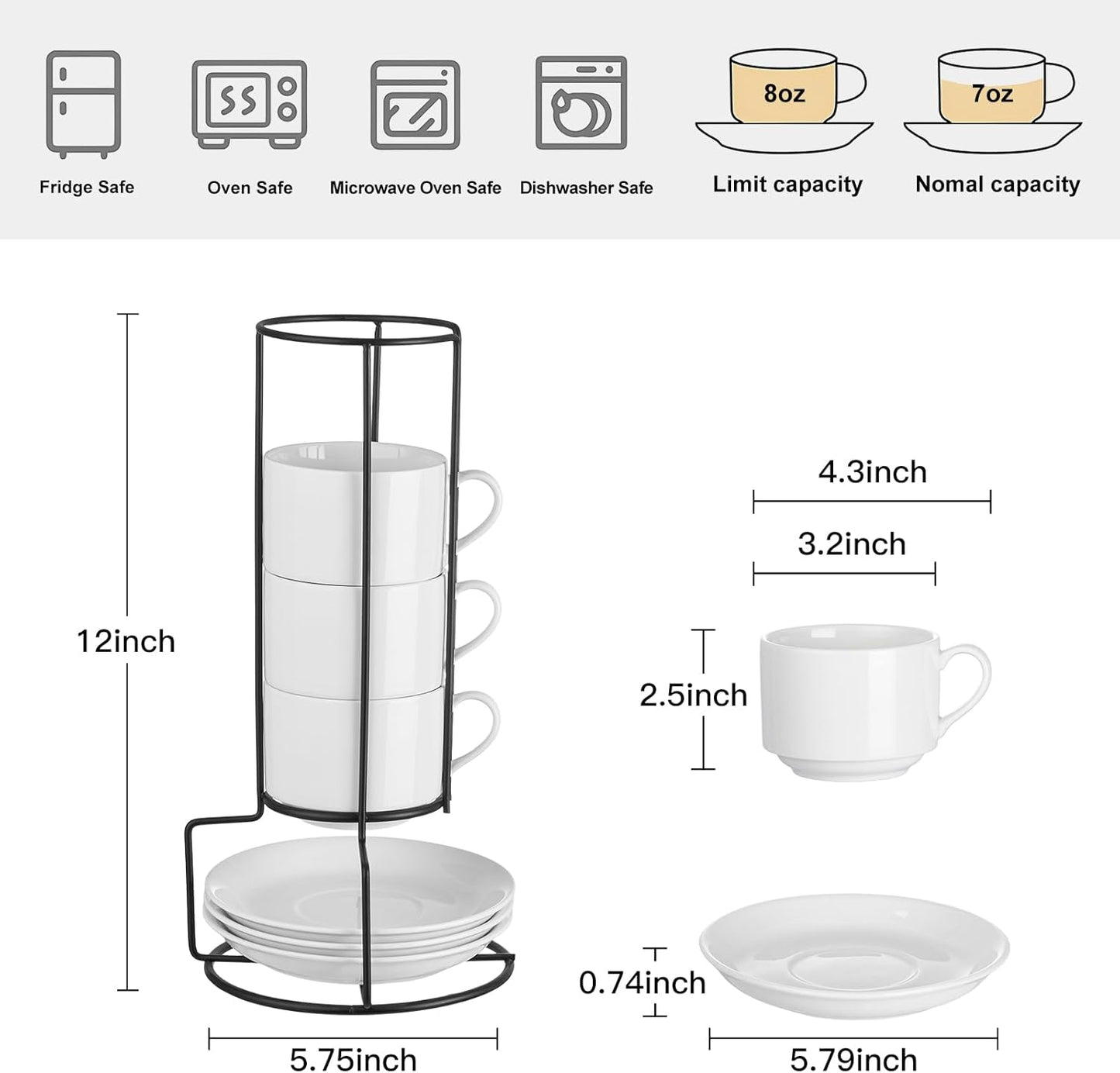 YOLIFE 8oz Porcelain Stackable Cappuccino Cups with Saucers and Metal Stand Set of 4, Coffee cups for Espresso, Specialty Coffee Drinks, Latte, Americano and Tea - White