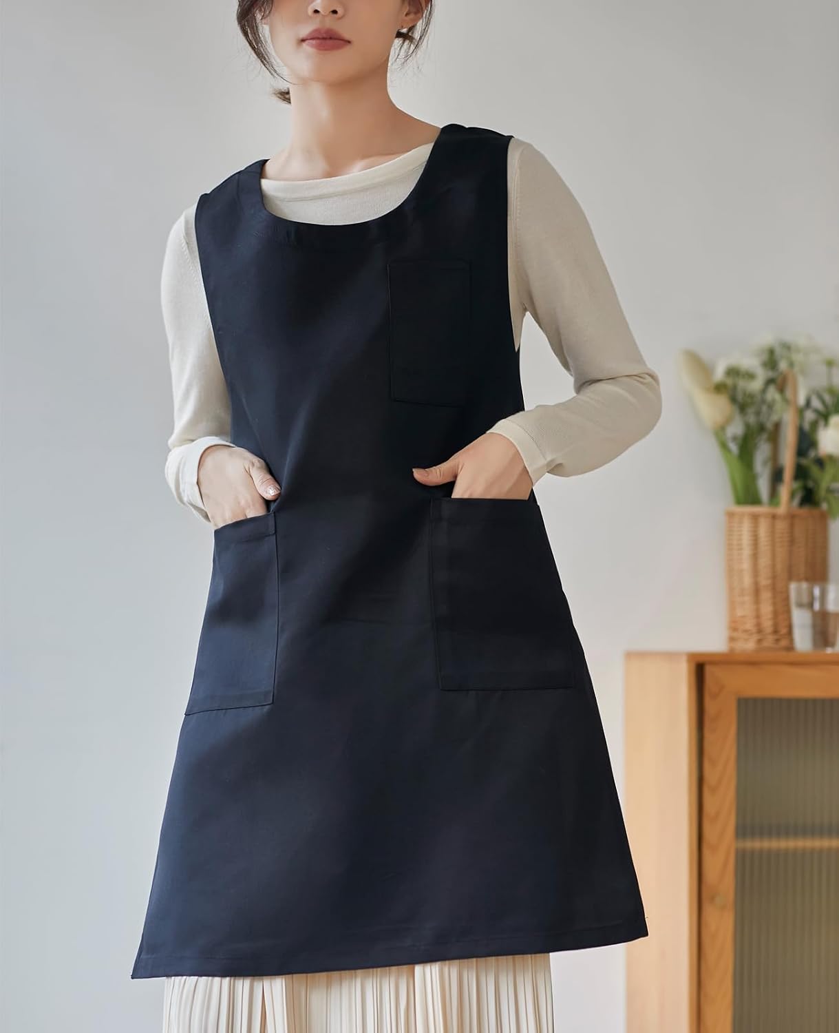 Women Cobbler Apron Japanese Style Aprons with 3 Pockets for Work Chef Kitchen