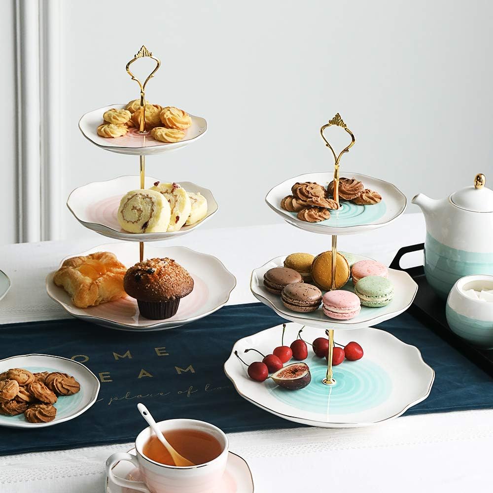 Sweejar 3 Tier Ceramic Cake Stand,Dessert Stand,Cupcake Stand,Tea Party Pastry Serving Platter,Food Display Stand for Tea/Coffee/Birthday/Wedding/Women/Afternoon/Gift - Blue