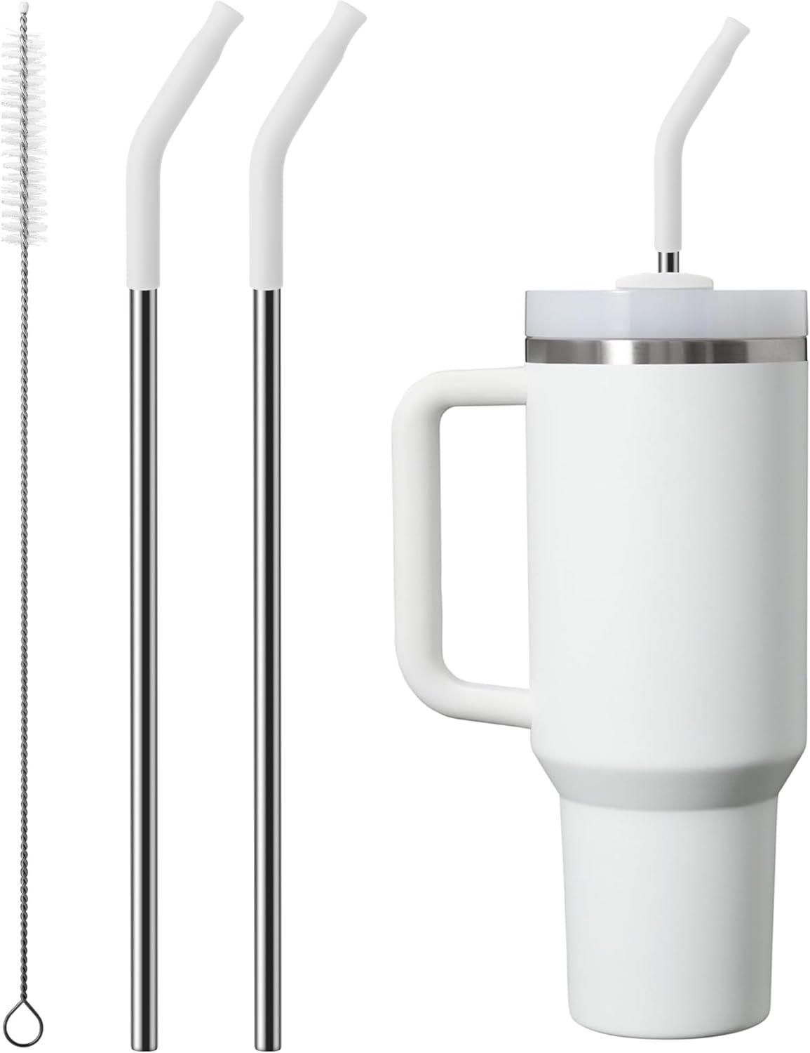 Repeatable Metal Straw with Silicone Tips for 30 oz Stanley Tumbler, 2 Pcs 30 oz Stainless Steel Straws Replacement for Stanley Tumbler, 1 Straw Brush, BPA Free（White）