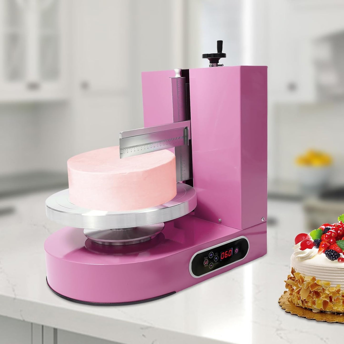 Cake Decorating Machine, 200W Cake Cream Spreading Machine 60-320rpm Rotating Speed Automatic Cake Cream Spreading Machine with LCD Display for 4-12 inch Cakes (Pink)