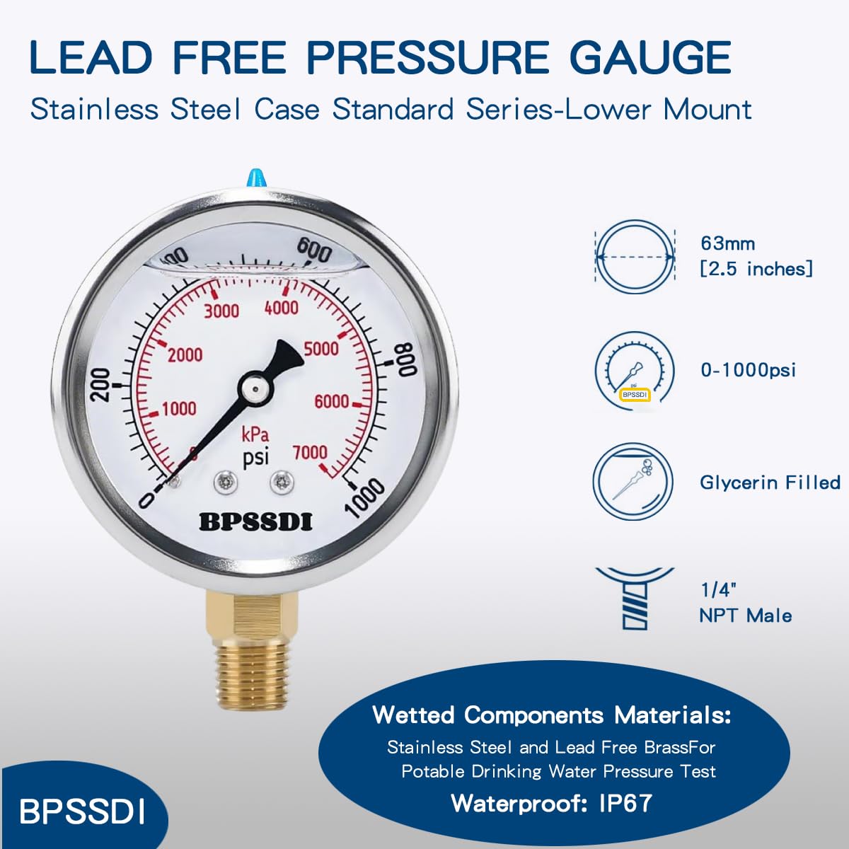 0-1000 Psi Glycerin Liquid Filled Hydraulic Pressure Gauge, 2.5" Dial Size, 1/4" NPT Lower Mount, 304 Stainless Steel Case, for Water Oil Air Gas Pressure Test