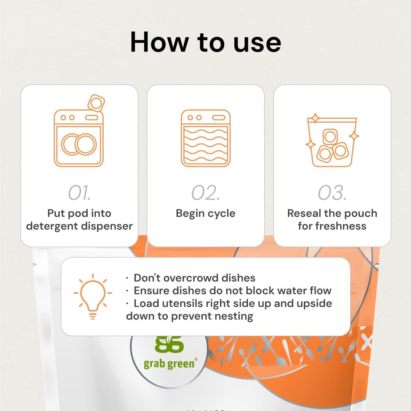 Grab Green Automatic Dishwashing Detergent Pods, 24 Count, Tangerine Lemongrass Scent, Plant and Mineral Based, Superior Cleaning, Powerful Grease Removal, Brilliant Shine