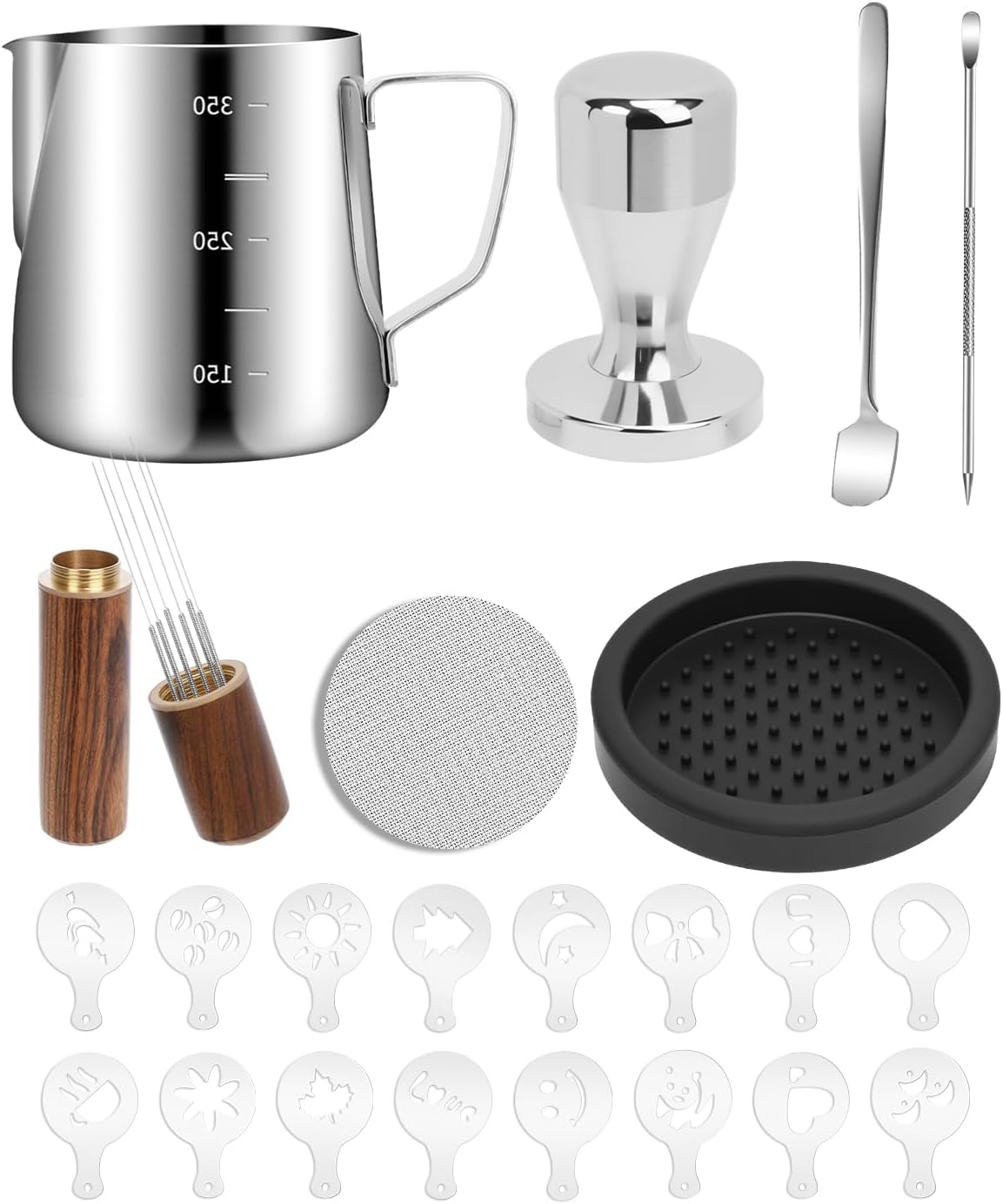 51mm Espresso Accessories Kit, 350ml Milk Frothing Pitcher, Espresso Tamper, WDT Tool & Puck Screen, Dessert Spoons, Tamper Mat, Latte Art Pen &16 PCS Coffee Decorating Stencils