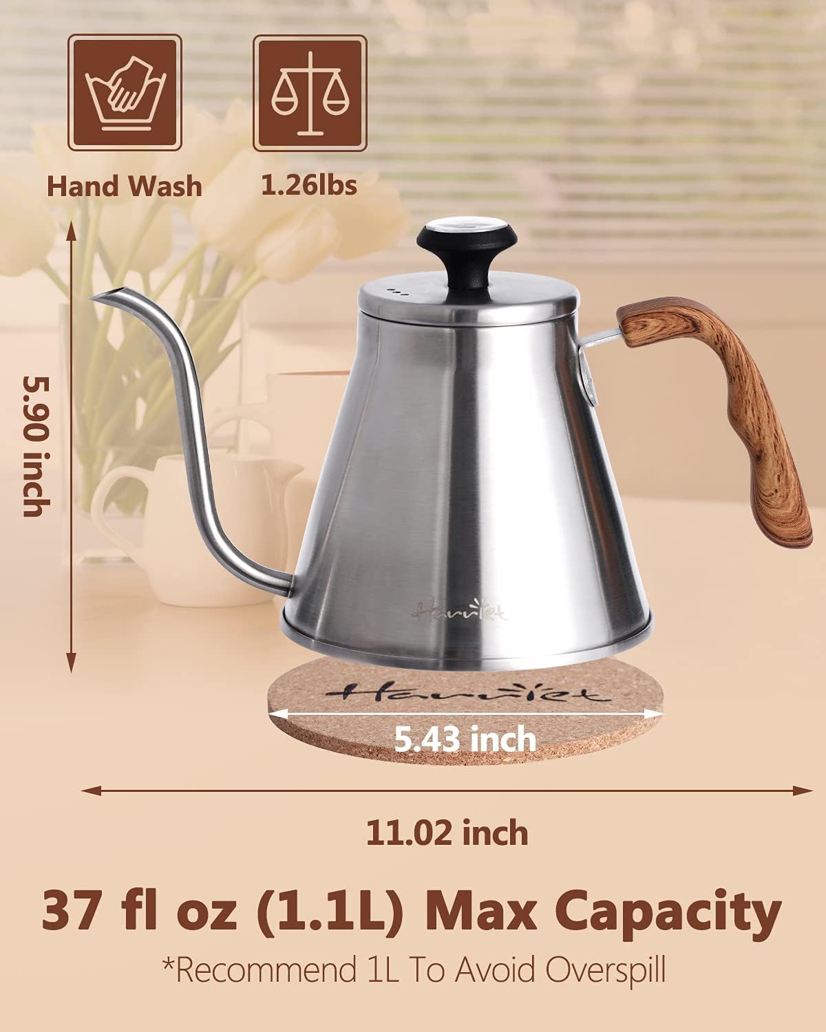 Harriet Gooseneck Kettle with Thermometer for Pour Over Coffee and Tea, 37 fl oz, Stainless Steel, Durable 3-Layer Base, Ideal Spout for Precision Pouring, Compatible with all Stove Tops