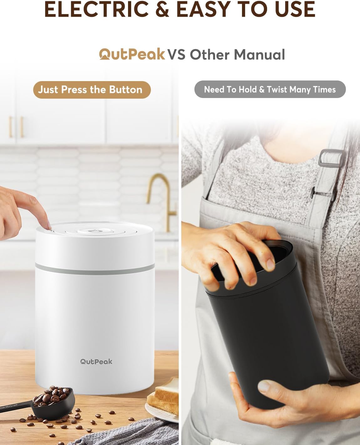 OUTPEAK 2025 Kilo Auto Vacuum Coffee Canister, 1.8L for 21.2oz Coffee Beans, One-Button Operation, Stainless Steel Container with Scoop, Fresh 6-Month Storage Container (Barista Champion's Choice)