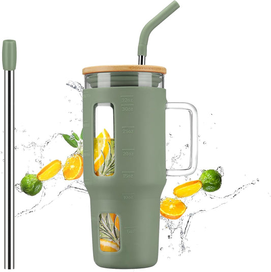 Kodrine Glass Tumbler with Straw and Lid-32oz Glass Tumbler with Handle and Bamboo Lid, Iced Coffee Cup For Smoothie, Water Cups with Time Marker Fits in Cup Holder, Olive