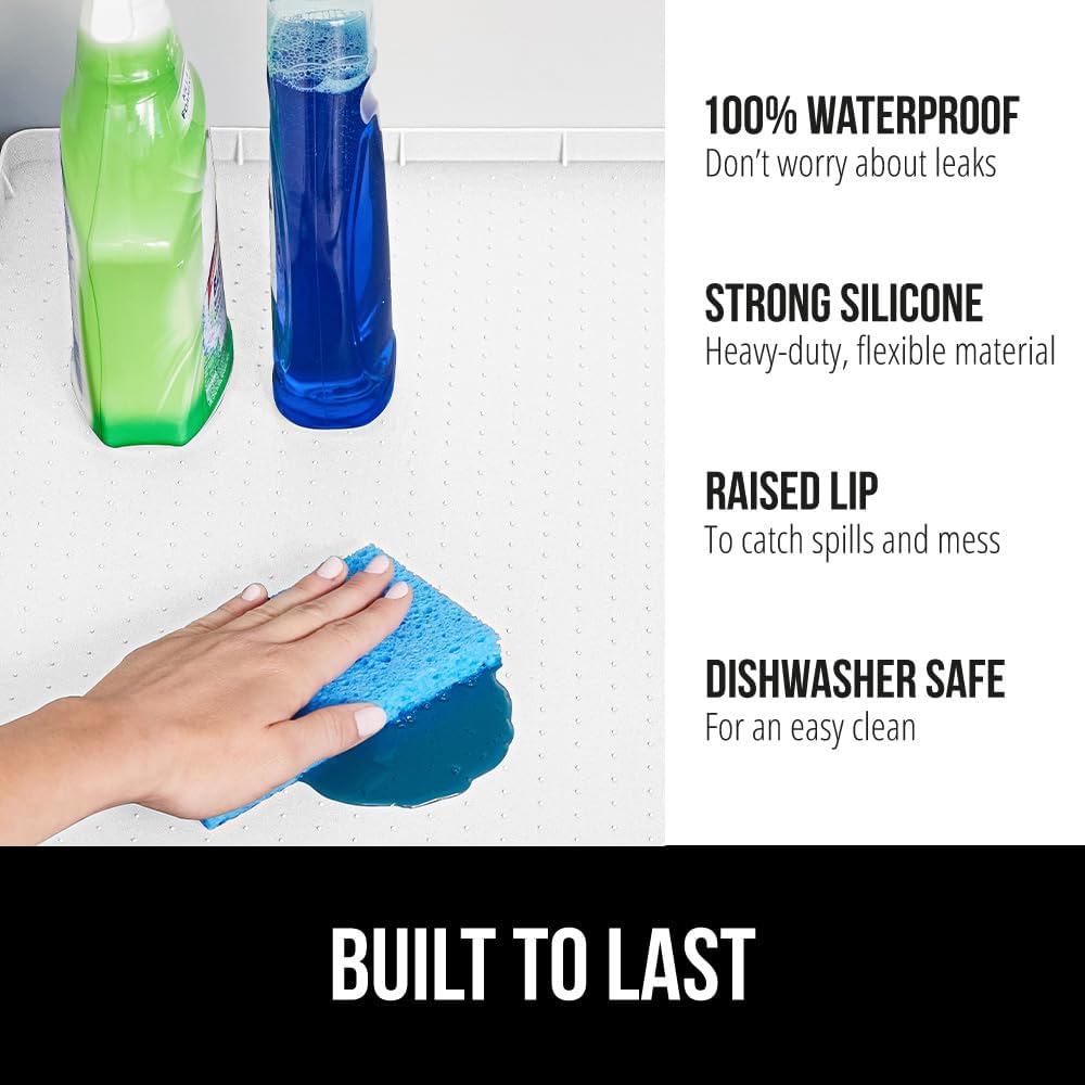 GORILLA GRIP Waterproof Silicone Under Sink Mat with Raised Lip for Kitchen and Bathroom, Cabinet Shelf Liner Stay in Place Mats Dishwasher Safe Drawer Liner, Organizer Tray, 19 x 22 in, White