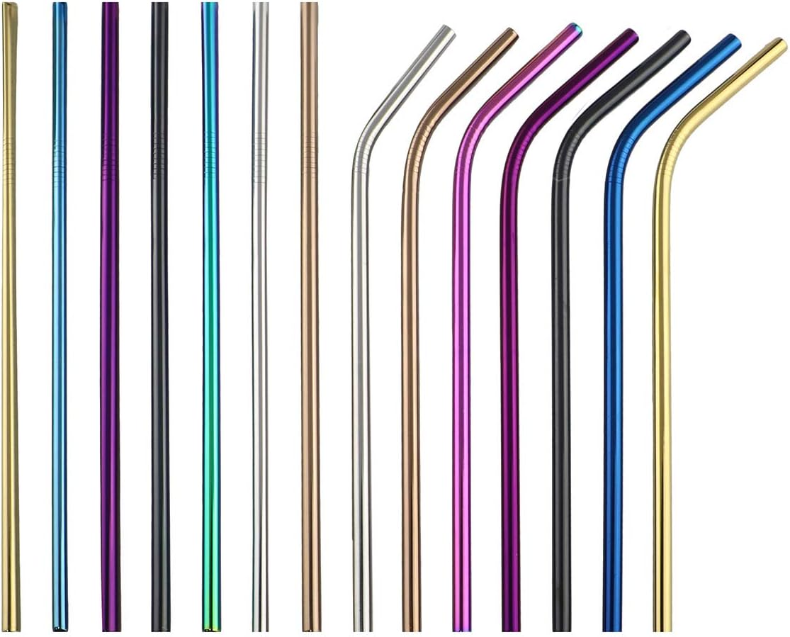 Gugrida Metal Straws Stainless Steel Straws 8.5" Drinking Straws Reusable 4 Set - Ultra Long Muti Color-Cleaning Brush for 20/30 Oz for Trail Tumblers Yeti RTIC SIC Ozark (2 Straight|2 Bent|1 Brush）