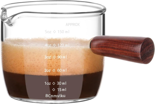 BCnmviku Espresso Shot Glass 150ML/5OZ Triple Pitcher Barista Single Spouts With Wood Handle (1)