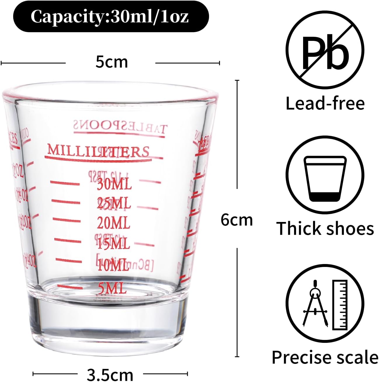 Measuring cup Espresso Shot Glass Liquid Heavy Glass Wine Glass 26-Incremental Measurement 1oz, 6 Tsp, 2 Tbs, 30ml (2 pack-red)