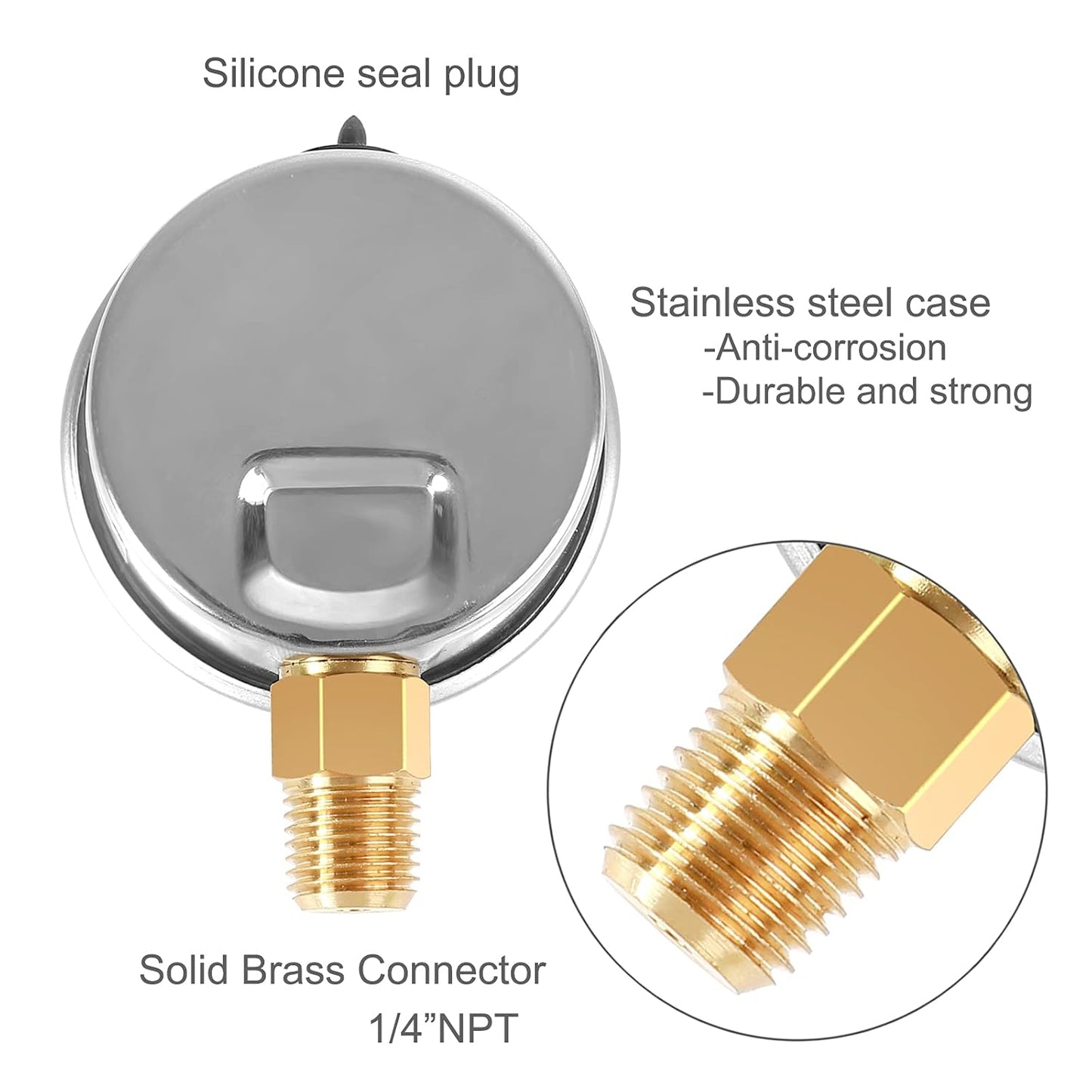 Glycerin Filled Pressure Gauge 300psi/20bar, Stainless Steel case, Brass Inside Construction, 2-1/2" dial, 1/4" NPT Rear Connection.