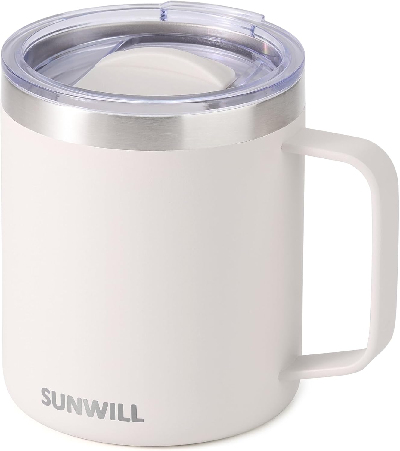SUNWILL Travel Coffee Mug with Lid, Insulated Tumbler with Handle, 14 oz Stainless Steel Cup for Home, Office, Camping, Powder Coated Cream