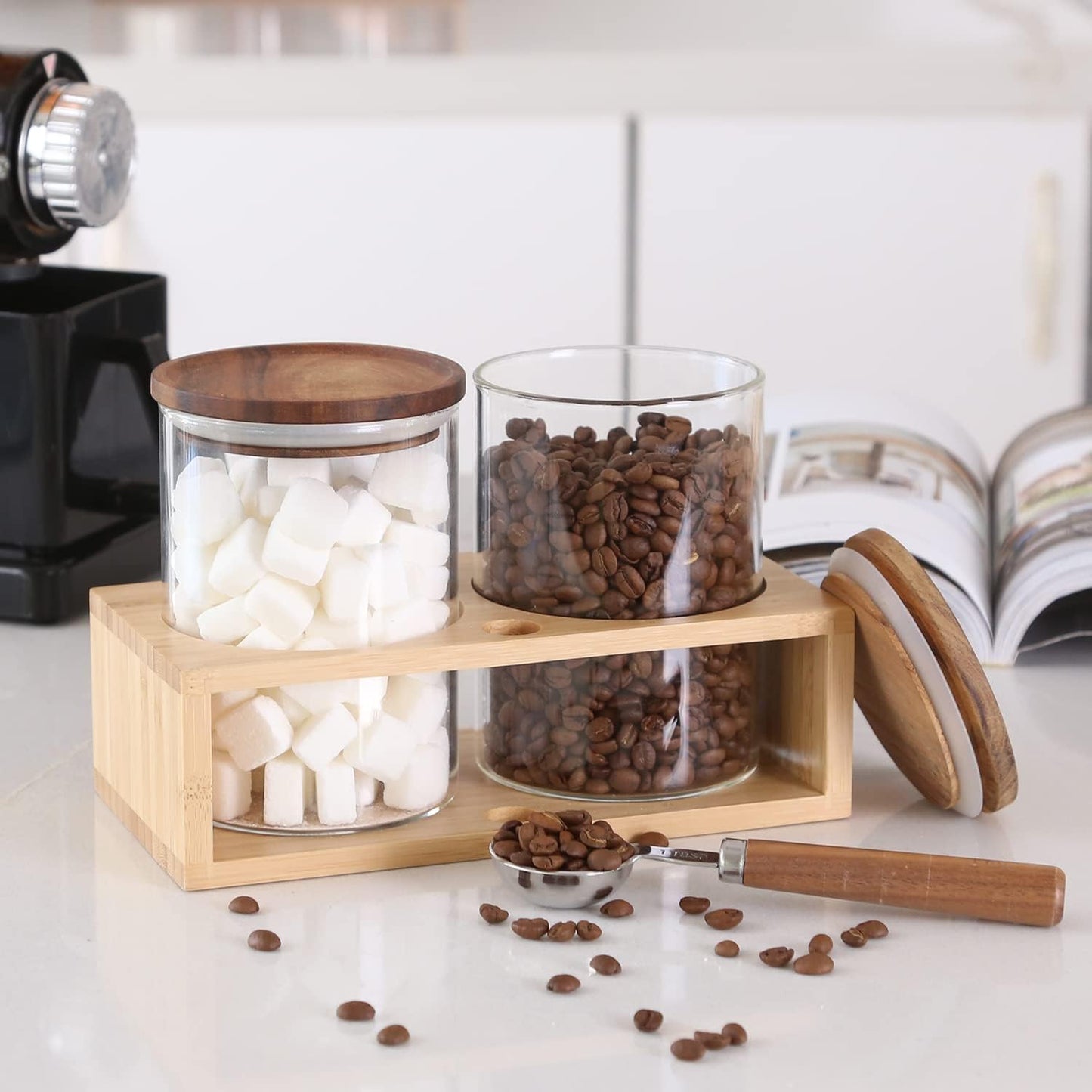 KKC HOME ACCENTS Clear Borosilicate Glass Glass Storage Jars with Airtight Wood Lids,Air Tight Sealed Wooden Top Glass Jars with Spoon for Coffee,Tea,Sugar, 25 OZ (750 ml)