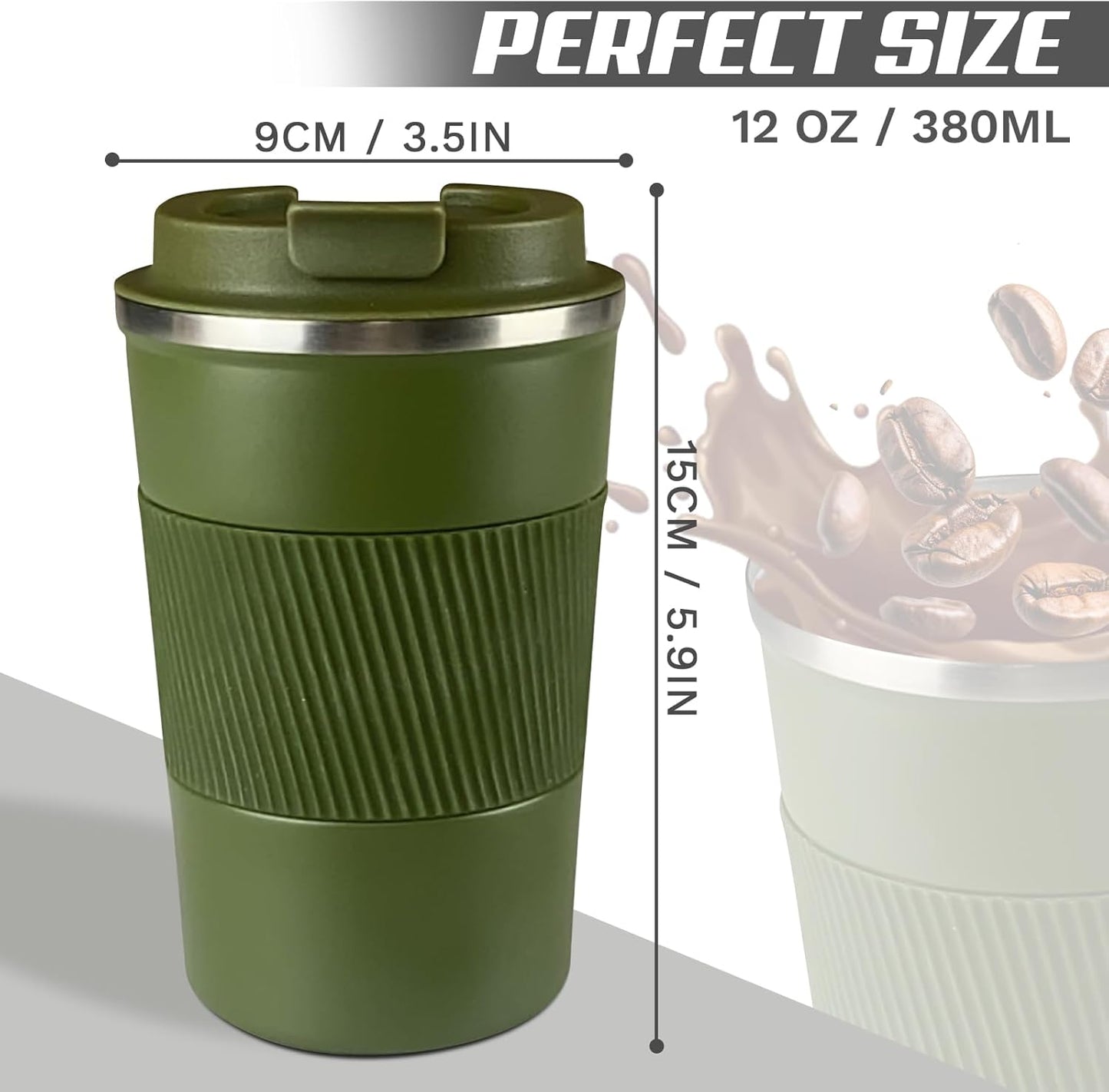 Vacuum-Insulated Stainless Steel Travel Coffee Mug, Leak-Proof Reusable Coffee Cup with Lid - Keep Hot & Cold Drinks for Hours, Durable Thermos Tumbler for Men & Women (3rd-Green, 12OZ)