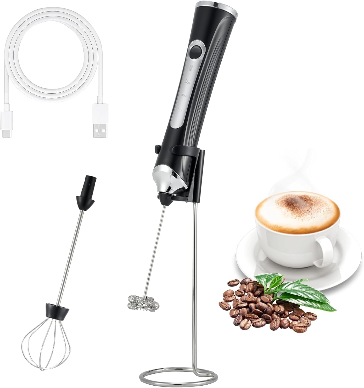 Handheld Electric Milk Frother with 2 Heads, Coffee Whisk Foam Mixer with USB Rechargeable 3 Speeds, Foam Maker Blender for Latte, Cappuccino, Hot Chocolate, Egg (Black with stand)