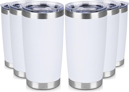 20 oz Tumbler Stainless Steel Tumblers Bulk with Lid Double Wall Insulated Coffee Tumbler Cups for Hot & Cold Drinks Powder Coated Travel Coffee Tumbler Mug Metal (White, 6 pack)