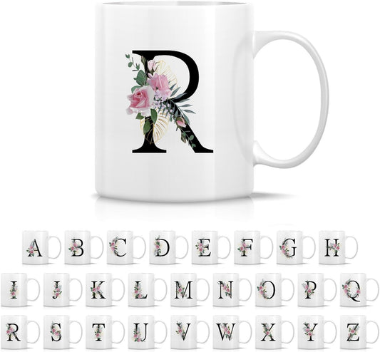 Retreez Initial A-Z Floral Botanical Bouquet Alphabet Monogrammed Monogram Mug 11 Oz Ceramic Tea Coffee Mugs - Appreciation Thank You Wedding Birthday Gifts for her friend coworker sister - R Initial