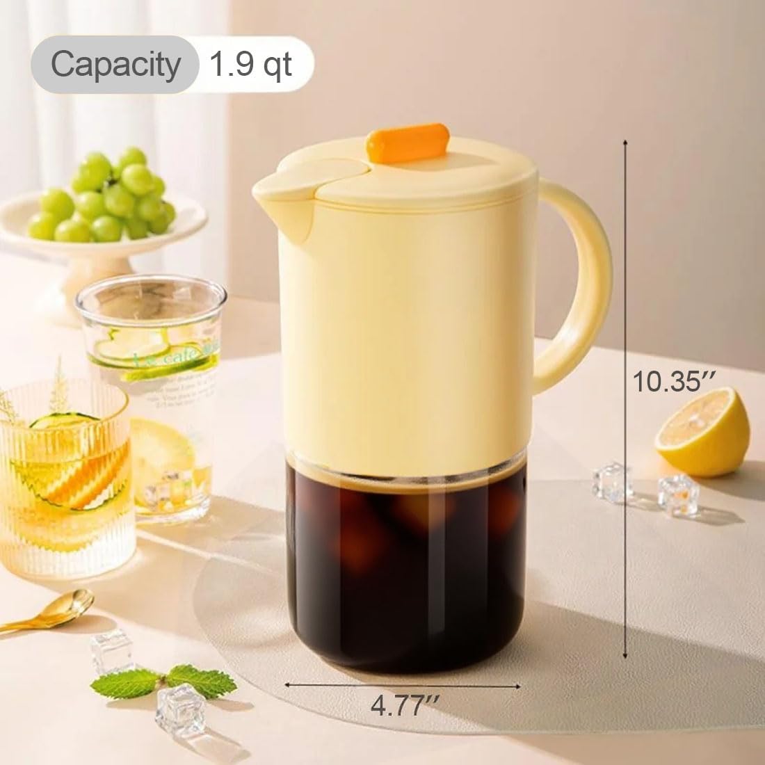 Delove Cold Brew Coffee Maker with Auto Spout – Shatterproof Plastic Shell, Wide Mouth Design – 62 oz (1.9 Quart) Iced Tea Glass Carafe with Removable Removable Mesh Filter (1, Yellow)