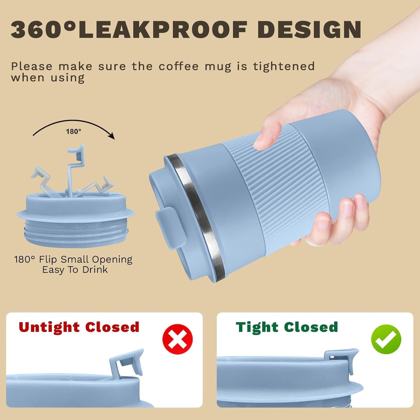 Vacuum-Insulated Stainless Steel Travel Coffee Mug, Leak-Proof Reusable Coffee Cup with Lid - Keep Hot & Cold Drinks for Hours, Durable Thermos Tumbler for Men & Women (3rd-Light Blue, 12OZ)