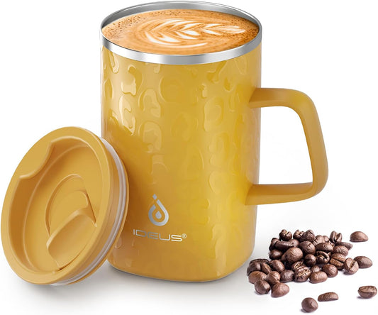 Ideus Vacuum Insulated Coffee Mug, 16oz Reusable Stainless Steel Thermal Double Walled cup with Handle and Slider Lid for Hot & Cold Beverages, BPA Free (Leapord Honey)
