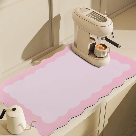 Scalloped Coffee Bar Mat for Countertop, Cute Dish Drying Mats for Kitchen Counter, Diatomite Absorbent Mat for Coffee Station, Kitchen Aesthetic Decor (16"x24", Pink)