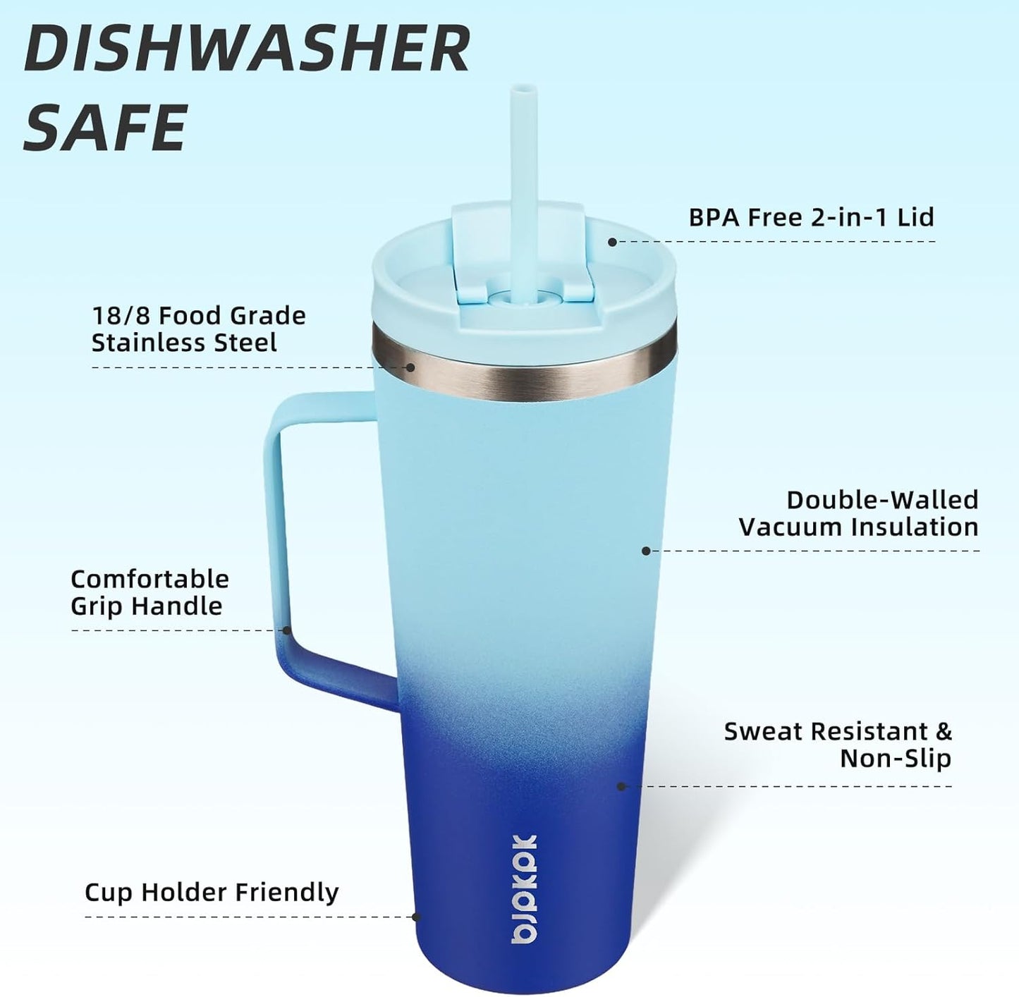 BJPKPK Insulated Tumbler with Handle, 26oz Insulated Tumblers with Lid and Straw, Stainless Steel Metal Water Bottles, Coffee Travel Mugs, Cups, Sky