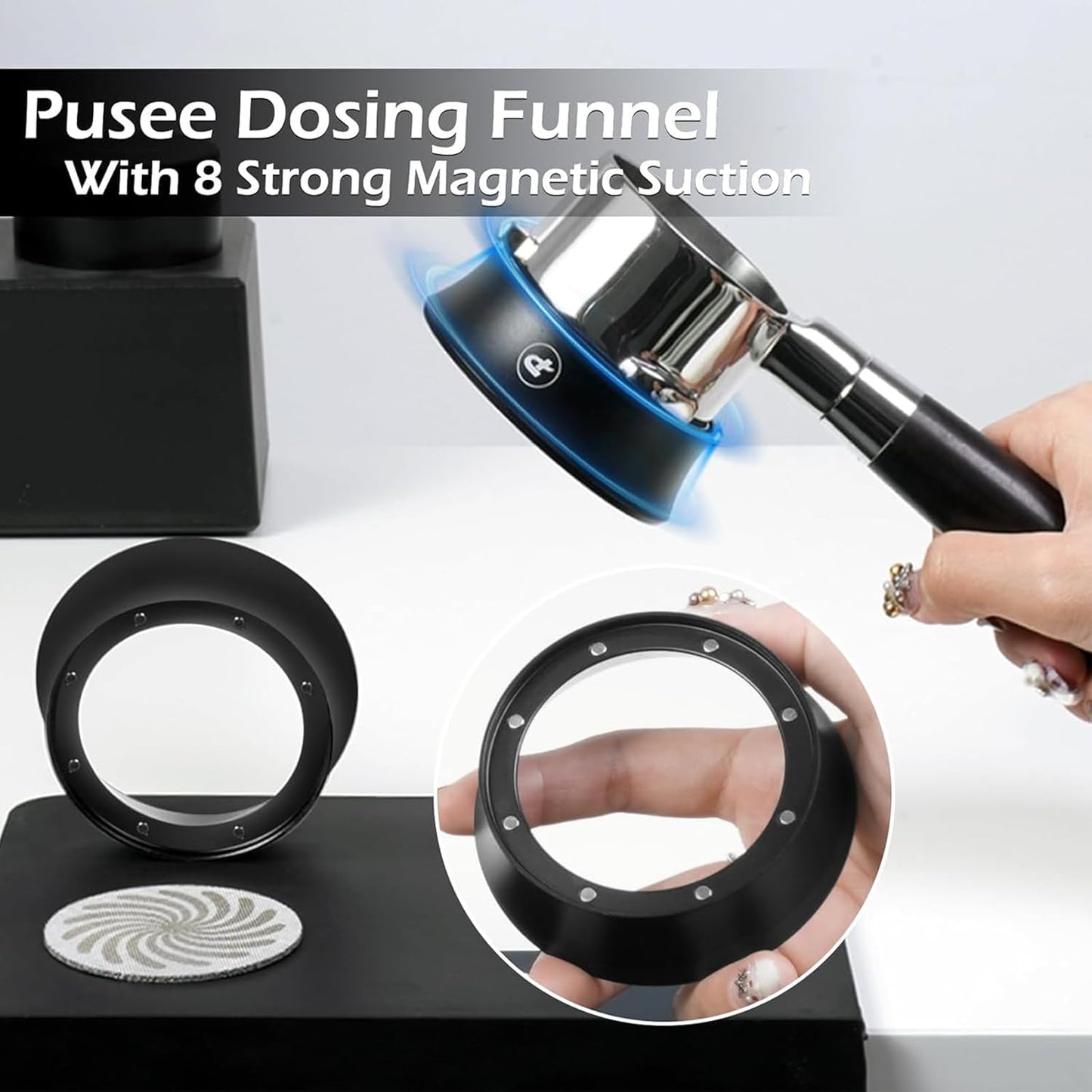 PUSEE 58mm Magnetic Dosing Funnel & Puck Screen Set 8 Magnetic Espresso Coffee Dosing Ring Reusable 1.7mm Puck Screen 316 Stainless Steel Fits All 58mm Portafilters Espresso Tools Espresso Accessories