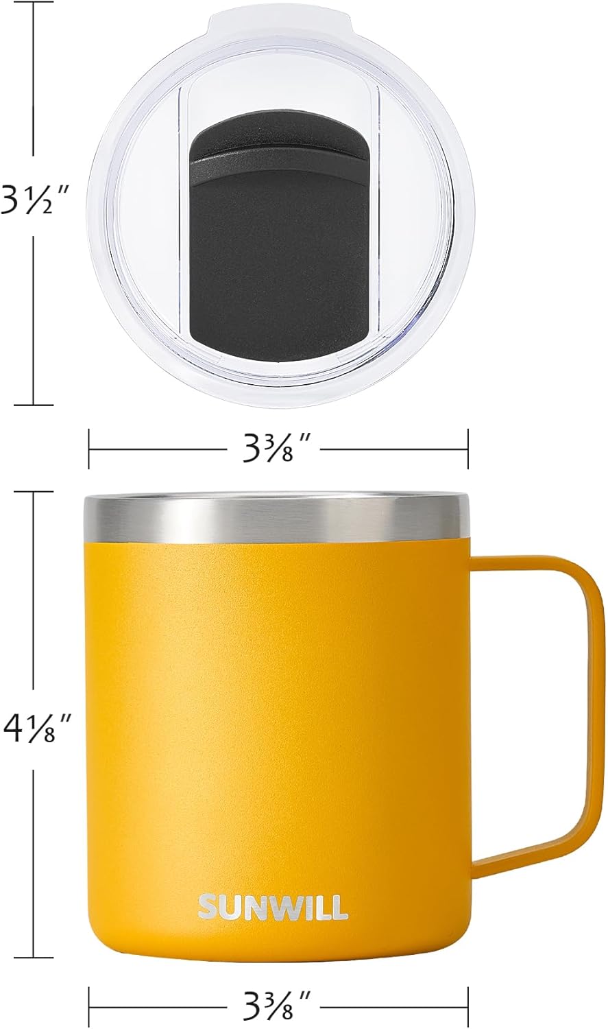 SUNWILL Insulated Coffee Mug with Lid, Travel Tumbler with Handle, 14 oz Stainless Steel Cup for Camping, Office, Home, Powder Coated Yellow