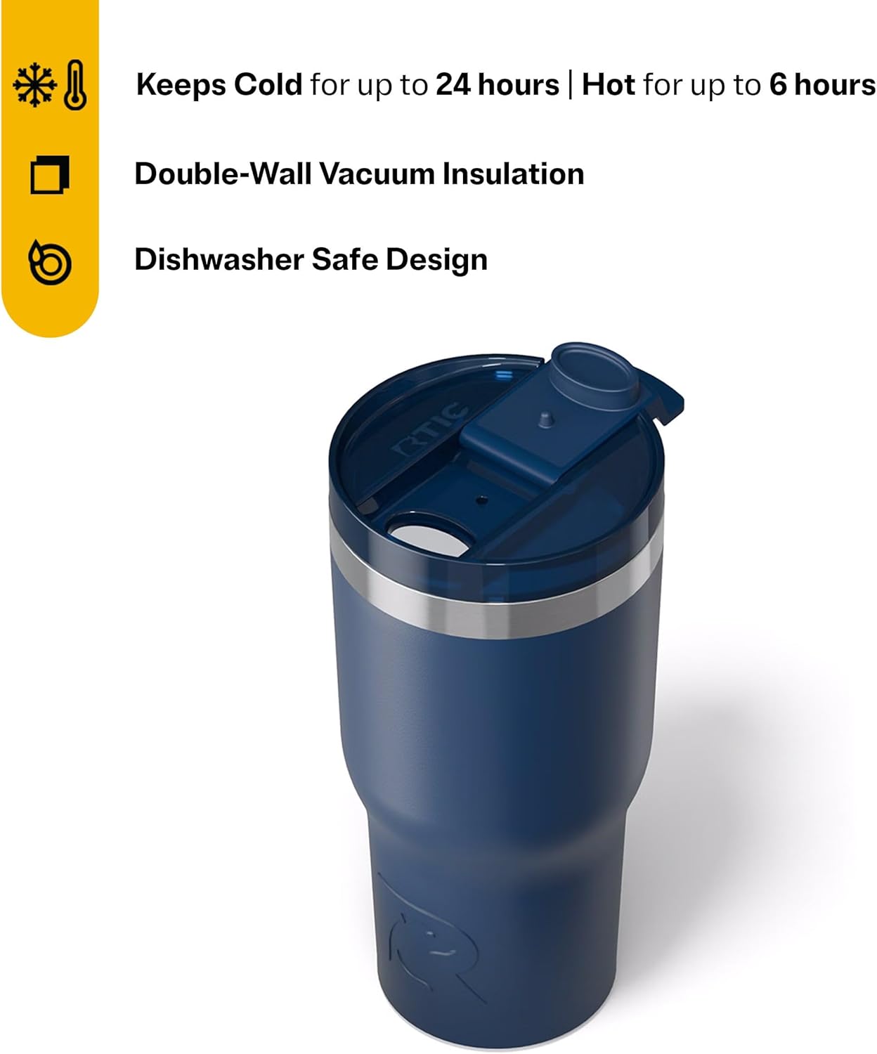 RTIC 20oz Essential Tumbler with Lid, Insulated, Stainless Steel, Metal, Double Wall Vacuum-Insulation, Ceramic Lined, Travel Cup for Iced Coffee, Tea, Hot and Cold Drink, Navy