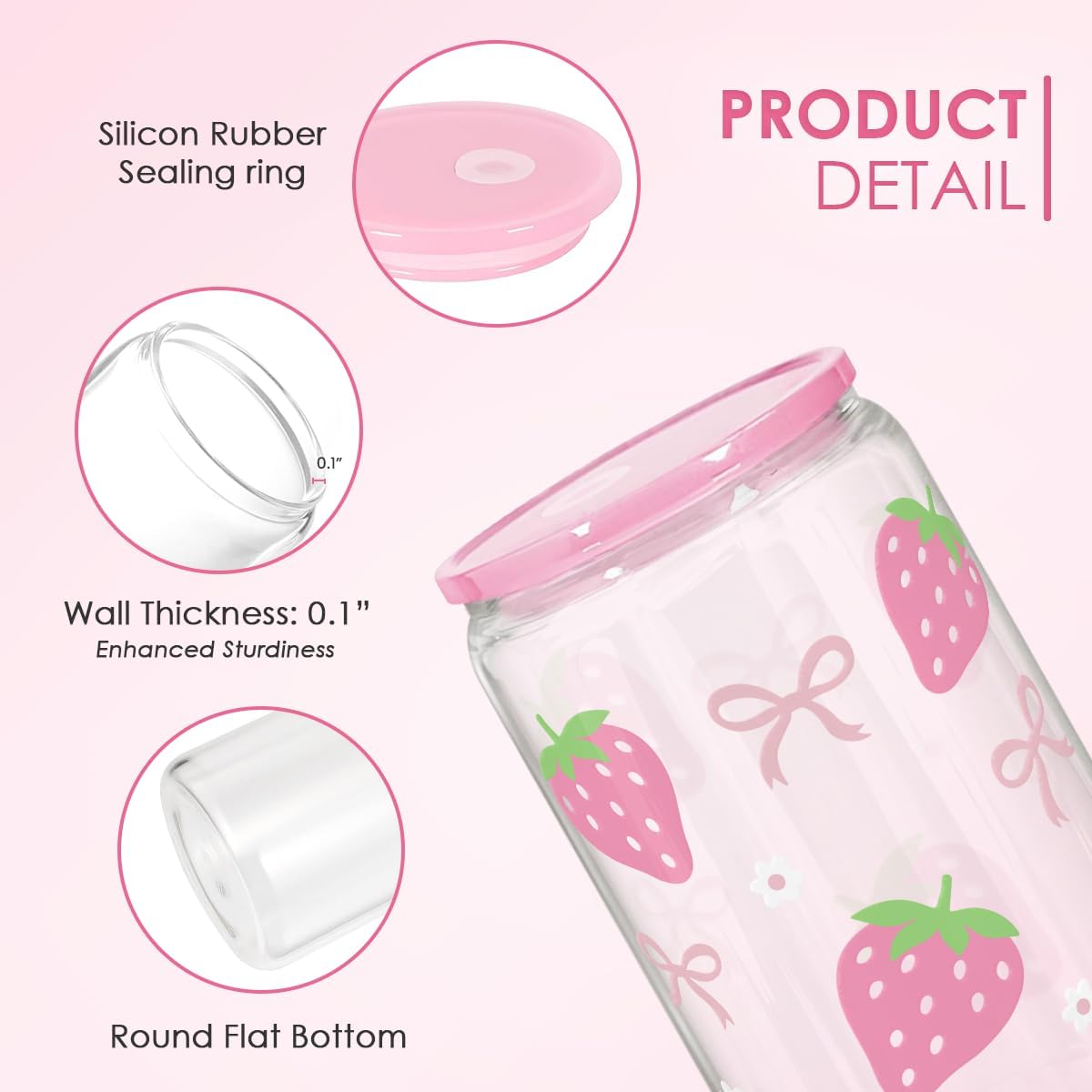 Strawberry 16 Oz Can Glass Tumbler with Acrylic Lid and Straw - Iced Coffee Cups for Women, Aesthetic Glass Cup Gift for Birthday Christmas