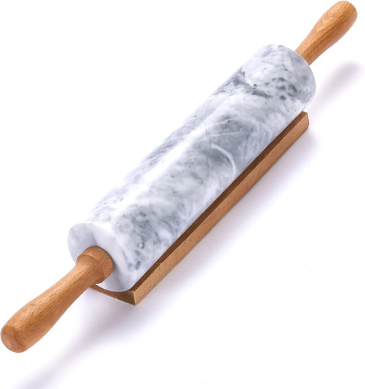 17 Inch Marble Rolling Pin with Wooden Handles & Wood Cradle, Dough Roller for Baking Pizza, Pies, Pastries, Pasta, Cookies