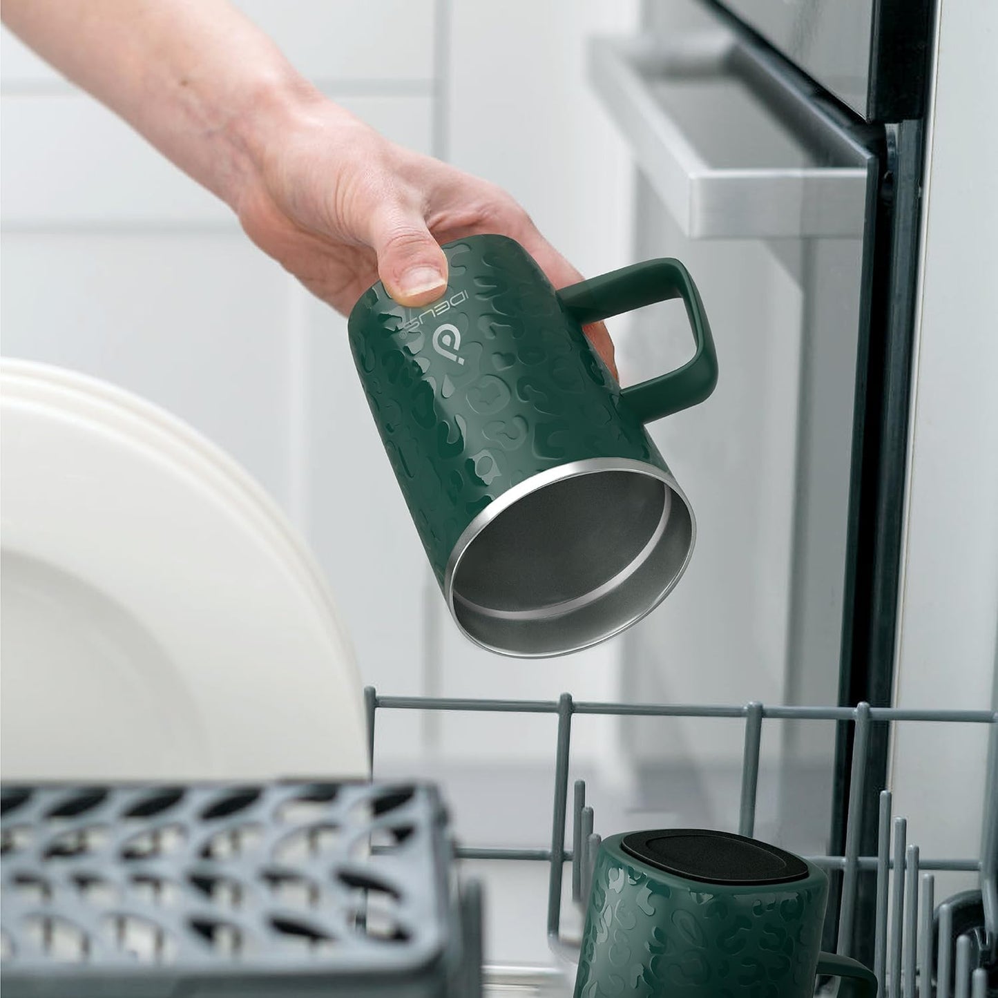 Ideus Vacuum Insulated Coffee Mug, 16oz Reusable Stainless Steel Thermal Double Walled cup with Handle and Slider Lid for Hot & Cold Beverages, BPA Free (Leapord Dark Green)