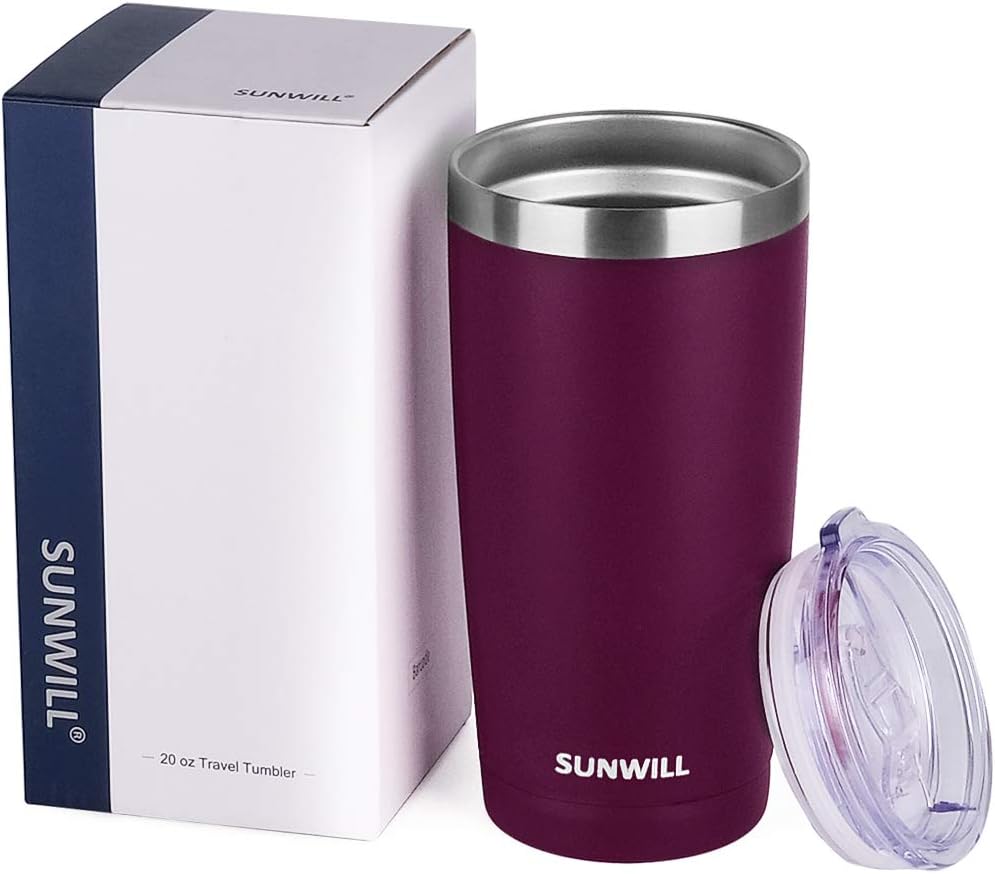 SUNWILL Travel Coffee Tumbler 20 oz, Insulated Mug with Lid, Stainless Steel Cup for Hot and Cold Drinks, Powder Coated Plum