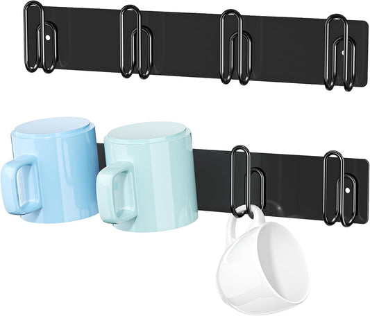 Mug Holder Wall Mounted, 2 Pack Black Coffee Cup Hooks, Metal Mug Rack for Kitchen, Modern Unique Cabinets Cups, Cup Holder Hanging Wall Hanger for Kitchen, Dining Room Coffee Bar