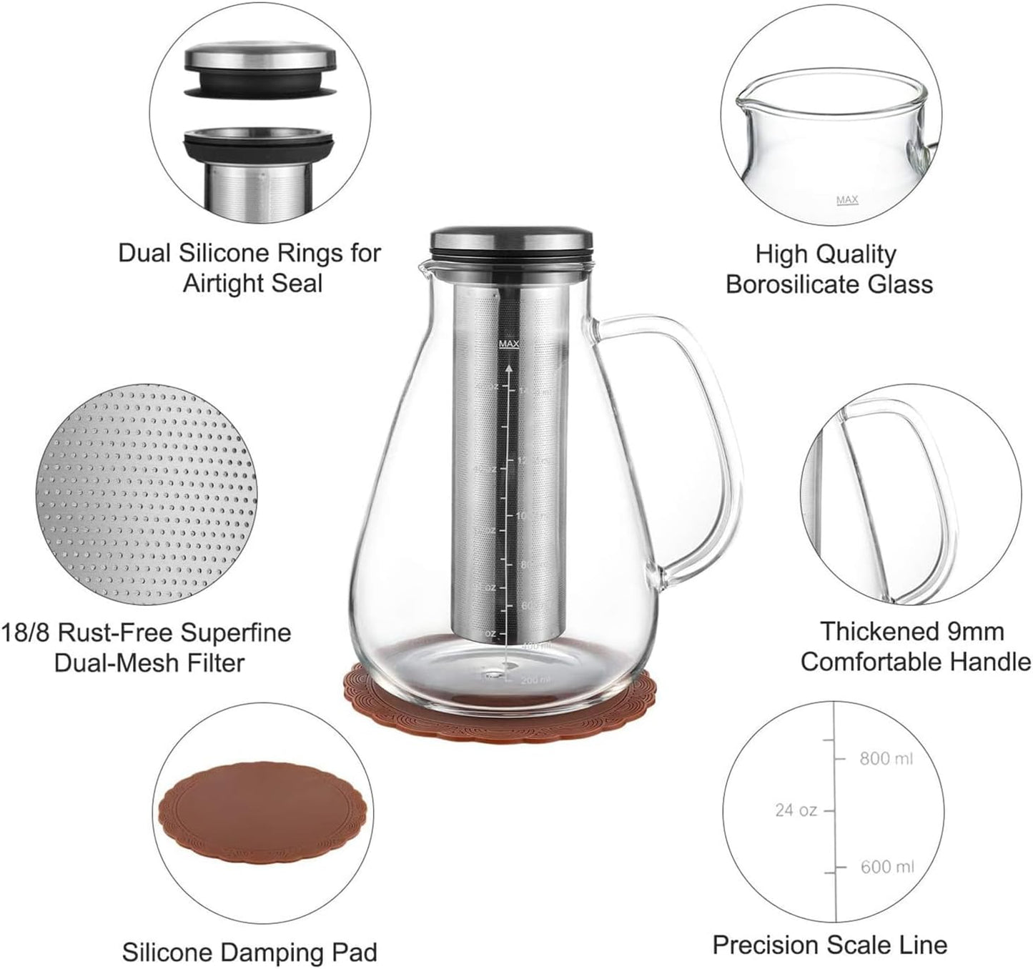 Cold Brew Iced Coffee Maker 51oz, Brewed Coffee Pot with Removable Double Mesh 304 Stainless Steel Filter, BPA-Free Cold Brew Pitcher Glass Container, Tea Maker
