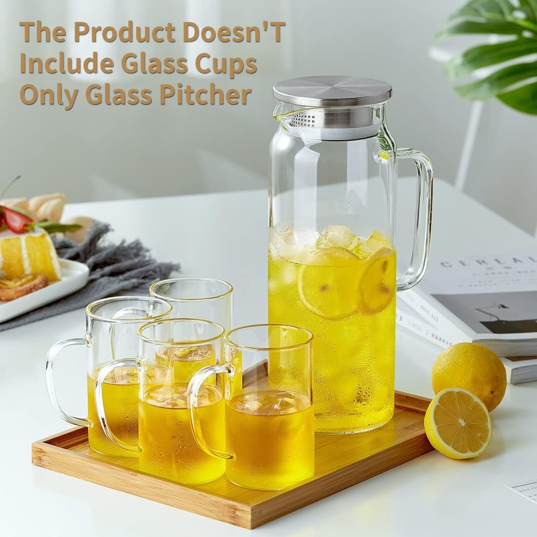 53OZ Glass Pitcher with Lid and Spout, Water Jug, 1580ml Carafe for Hot/Cold Water, Large Iced Tea Pitcher for Coffee, Juice and Homemade Beverage