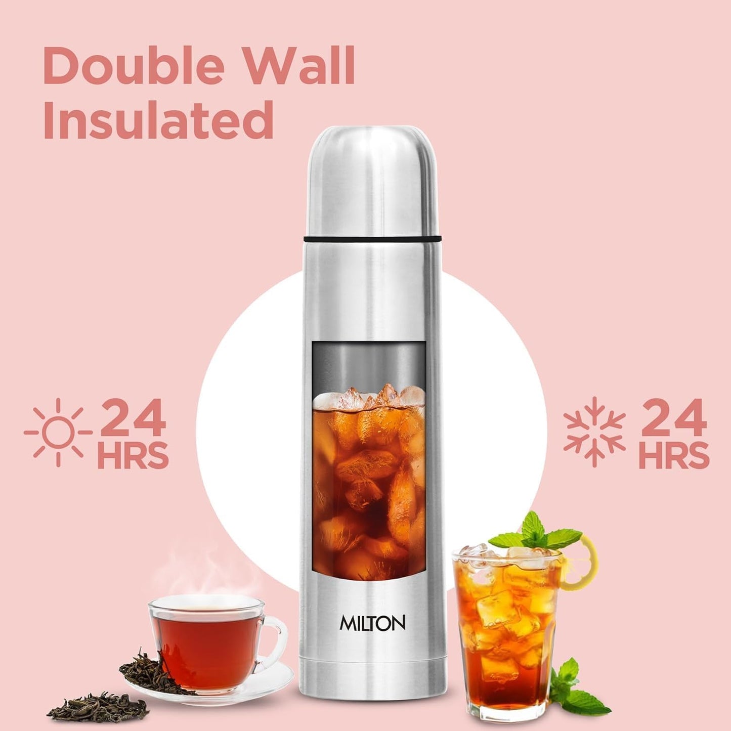 Milton Vacuum Flask for Hot Drink 500 ml (16 oz), Stainless Steel Double Walled Insulated Water Bottle for 24 Hour Hot and Cold Drinks, Leak proof, BPA Free, Thermosteel Flip Lid Set of -2