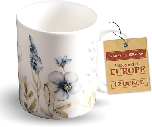 Maison d' Hermine Coffee Mug with Handles Fine Bone China Mugs Pack of One Tea Cups for Hot Beverages Cappuccino Latte Home Restaurant Office Perfect for Gift (Ice Florals - Forsty Morning, 12 Ounce)